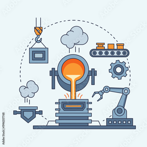Industrial Foundry: Molten Metal Pouring into Mold, Robotic Arm, Conveyor Belt, Gears
