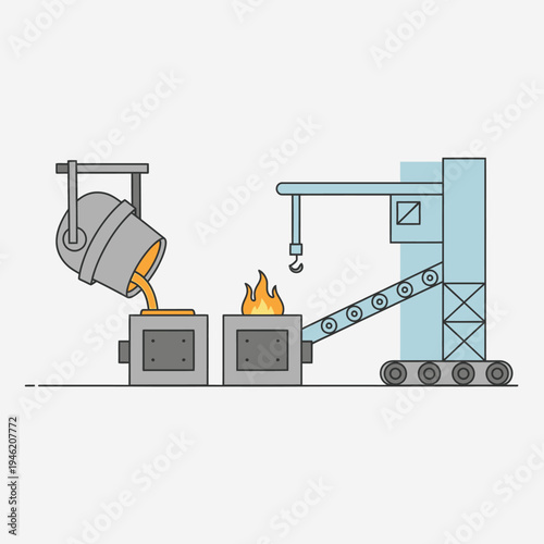 Industrial Foundry: Molten Metal Pouring into Molds with Crane and Conveyor Belt