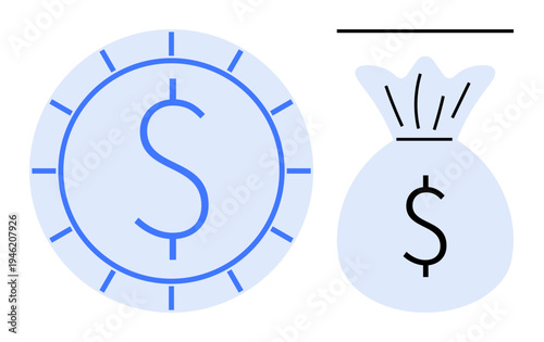Finance, savings, wealth, investment, economic growth, financial security. A coin with a dollar symbol and a money bag. Finance and savings concept for budget management and investment ideas