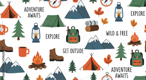 Colorful illustration of camping and hiking icons on a white background with adventurous phrases.