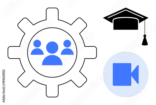 Online learning, remote teamwork, virtual education, collaboration tools, e-learning platforms, training sessions. A gear with user icons, a graduation cap and a video icon. Online education