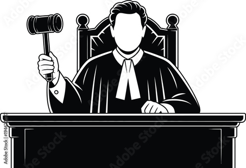 Judge in judicial robe holding gavel at courtroom desk in black and white