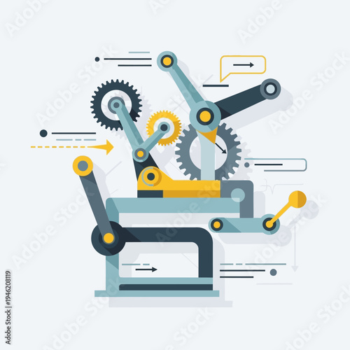 Industrial robot arm with gears and levers, automation concept