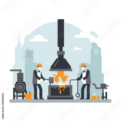 Industrial workers in a factory operating a furnace with molten metal, cityscape background.