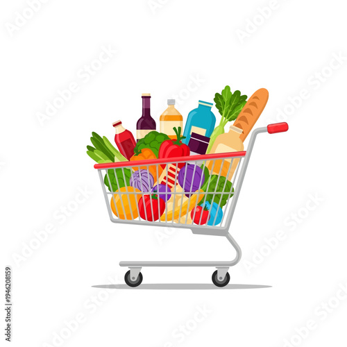 Full grocery shopping cart with fresh food, vegetables, fruits, and drinks, isolated on white.