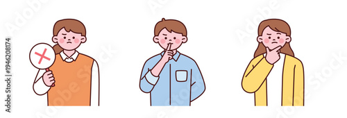 Teacher characters showing rejection sign, silence gesture and thinking expression. Education concept illustration of a teacher explaining rules, asking for quiet and thinking in a classroom.