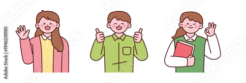 Friendly teacher characters showing greeting, thumbs up and OK gesture while holding a book. Education concept illustration of a smiling teacher in flat cartoon style.