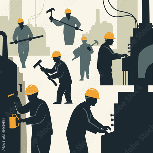 Industrial workers in hard hats operating machinery and using tools in a factory setting