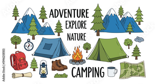 Flat lay illustration of camping icons including tent, backpack, and campfire on a white background with words 'ADVENTURE EXPLORE NATURE CAMPING'.