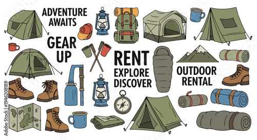 Flat lay of various camping gear and outdoor equipment with text prompts to rent, explore, and discover on a clean white background.