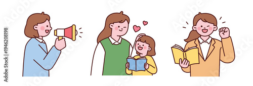 Teacher characters announcing with a megaphone, caring for a student while reading together, and encouraging students with a book. Friendly school teacher illustration in flat cartoon style.