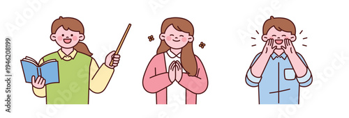 Teacher characters reading a book, pointing with a teaching stick, showing gratitude, and calling students. Friendly school teacher illustration in flat cartoon style.