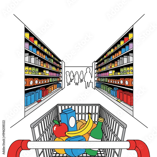 Grocery shopping cart full of food in supermarket aisle with shelves stocked with products