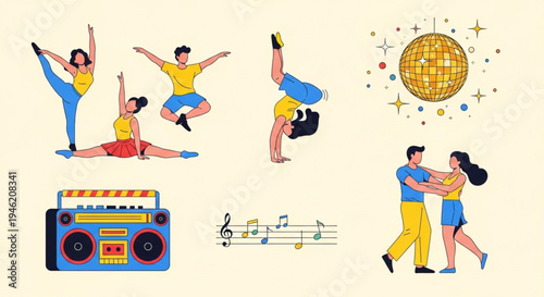 International Dance Day Vibrant collection of diverse individuals engaged in dynamic dance moves and musical activities, set against a celebratory backdrop