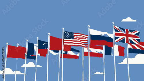 Flags of Different Countries Waving in the Wind vector illustration
