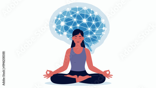 Woman Meditating with Abstract Brain Visual vector illustration