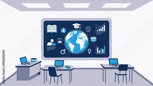 Classroom With Online Education Icons on Blackboard vector illustration