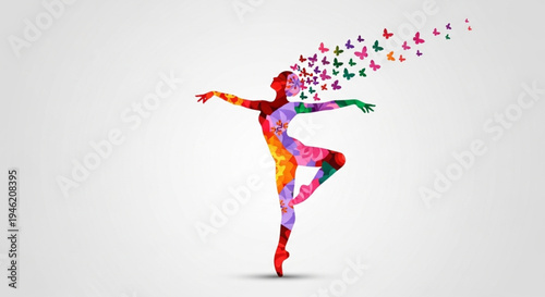 Vibrant Dancer Silhouette with Butterflies Erupting into Colorful Energy