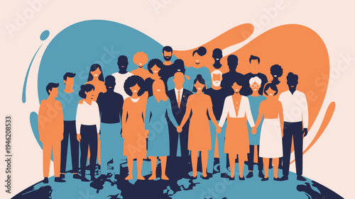 Diverse Group of People Holding Hands on Globe vector illustration