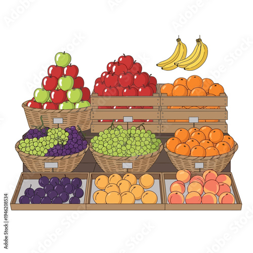 Abundant Fresh Fruit Display: Apples, Grapes, Oranges, Bananas, Plums, Peaches