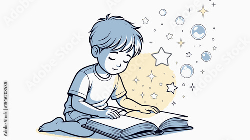 Boy Immersed in Reading vector illustration