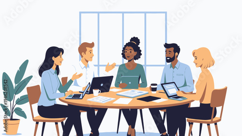 Diverse Team Meeting Around a Table vector illustration