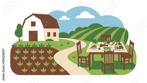 Farm To Table Concept With Fresh Vegetables And Barn vector illustration