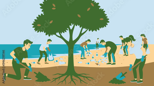 Group of Volunteers Cleaning Beach Illustration vector illustration