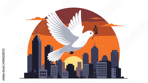 Peace Dove Flying Over City Skyline vector illustration