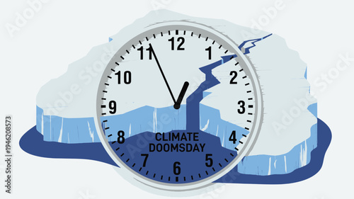 Climate Doomsday Clock with Melting Iceberg vector illustration