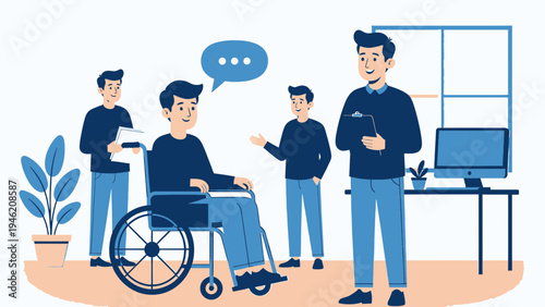 Man in Wheelchair Conversing in Office Setting vector illustration