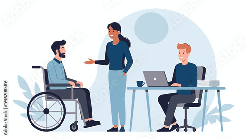Inclusive Workplace with Employee in Wheelchair vector illustration