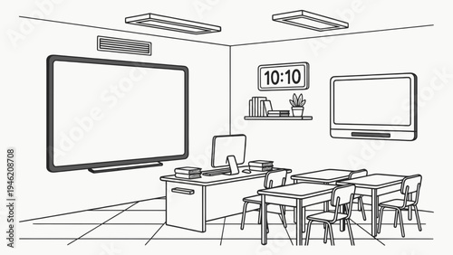 Classroom Interior with Whiteboard and Desks Sketch vector illustration