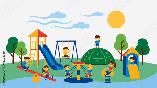 Colorful Playground Scene with Children Playing vector illustration
