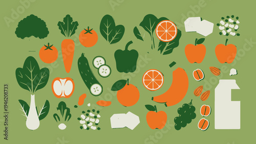 Flat Vector Style Assortment of Fresh Fruits and Vegetables vector illustration
