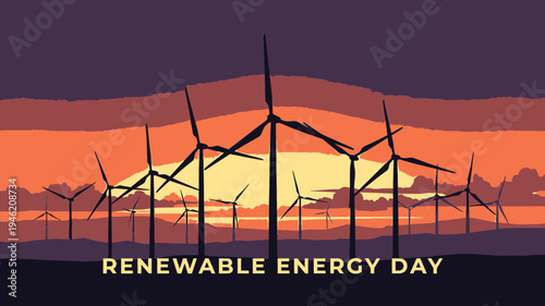 Renewable Energy Day Landscape with Wind Turbines vector illustration