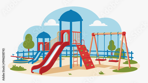Colorful Playground with Slide Swings and Climbing Structure vector illustration