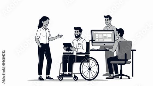 Diverse Team Working Together in Office Setting vector illustration