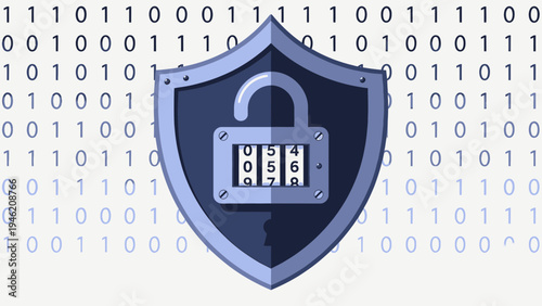 Digital Security Shield with Padlock and Binary Code vector illustration