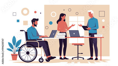 Diverse Team Collaborating in Modern Workspace vector illustration