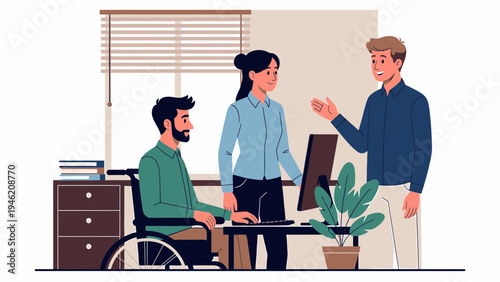 Diverse Team Collaborating in Accessible Workspace vector illustration