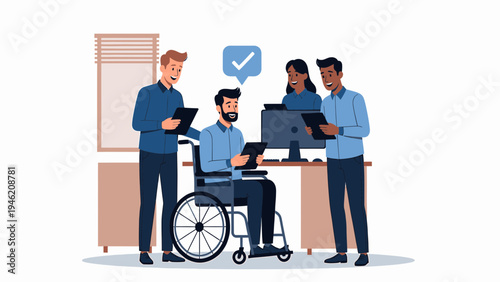 Inclusive Workplace Team Meeting with a Wheelchair User vector illustration