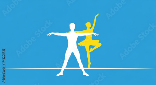 International Dance Day Dynamic illustration of two dancers performing ballet, representing the elegance and partnership in classical dance with a modern graphic aesthetic on a vibrant blue background