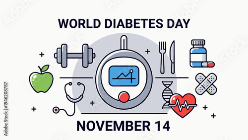 World Diabetes Day Concept with Medical and Fitness Items vector illustration