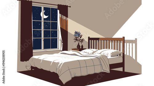 Serene Bedroom Interior at Night vector illustration