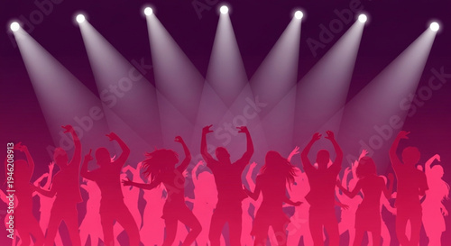 Vibrant crowd dancing under spotlights at a lively party, creating a dynamic and energetic atmosphere