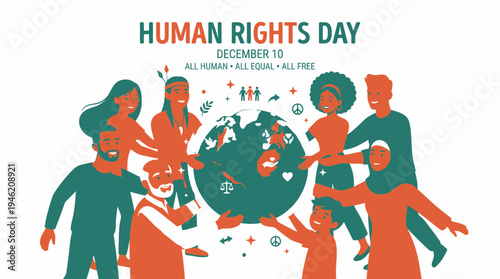 Human Rights Day Banner with Diverse People vector illustration