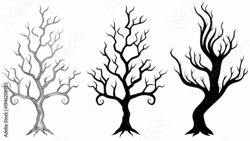 A set of three bare tree silhouettes in different shades of gray and black on a white background