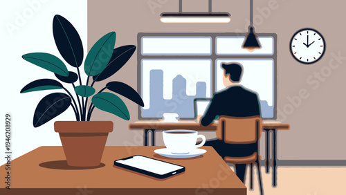 Working at Home Office with City View vector illustration
