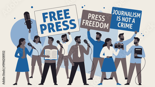 Group of Journalists Holding Pro-Free Press Signs and Microphones vector illustration